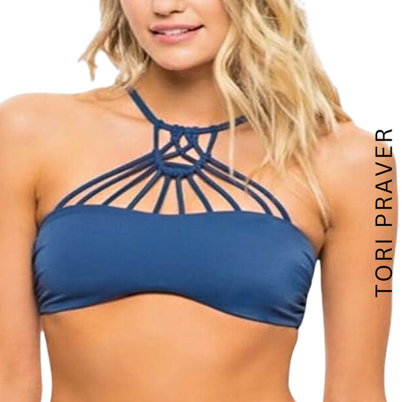 Tori Praver NEW Seafoam High Neck Bandeau Macrame Indigo Blue Bikini Top XS - Picture 1 of 7